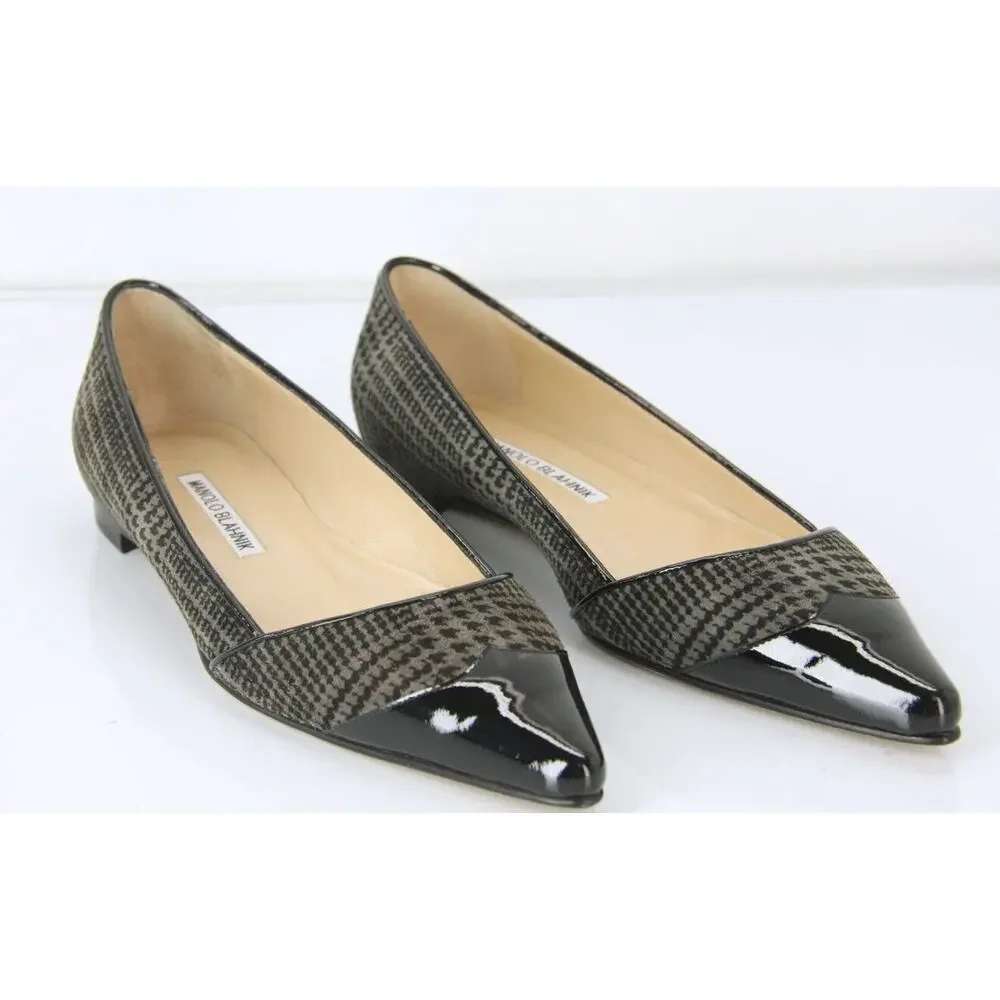 Manolo Blahnik Grey Houndstooth Tweed Ahalaya Cap Toe Ballet Flats
